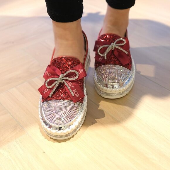Women's Red Rhinestone Slip On Walking Bowknot Glitter Bling Sneakers Shoes - Picture 3 of 6